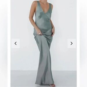 Rumored Satin V-Neck Maxi Dress in Olive